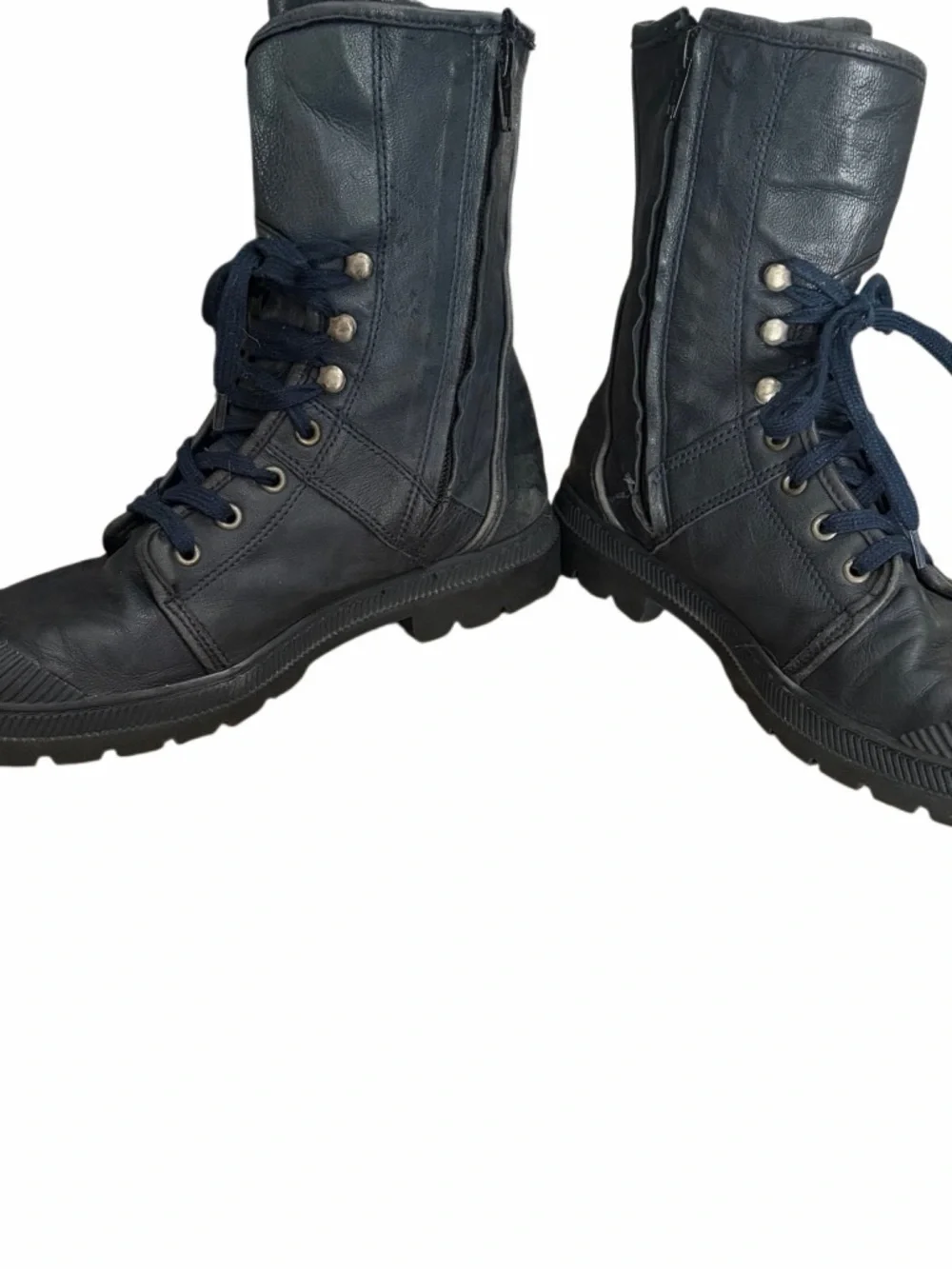 Pataugas black leather moto style buckle boots, side zip, lace up , sz 38/5/7.5.